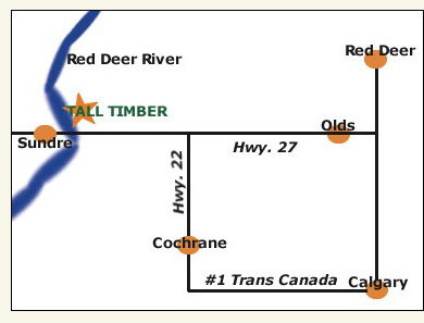 From the QEII highway, head west on Highway 27 through Olds, then towards the town of Sundre. Watch for the signs.